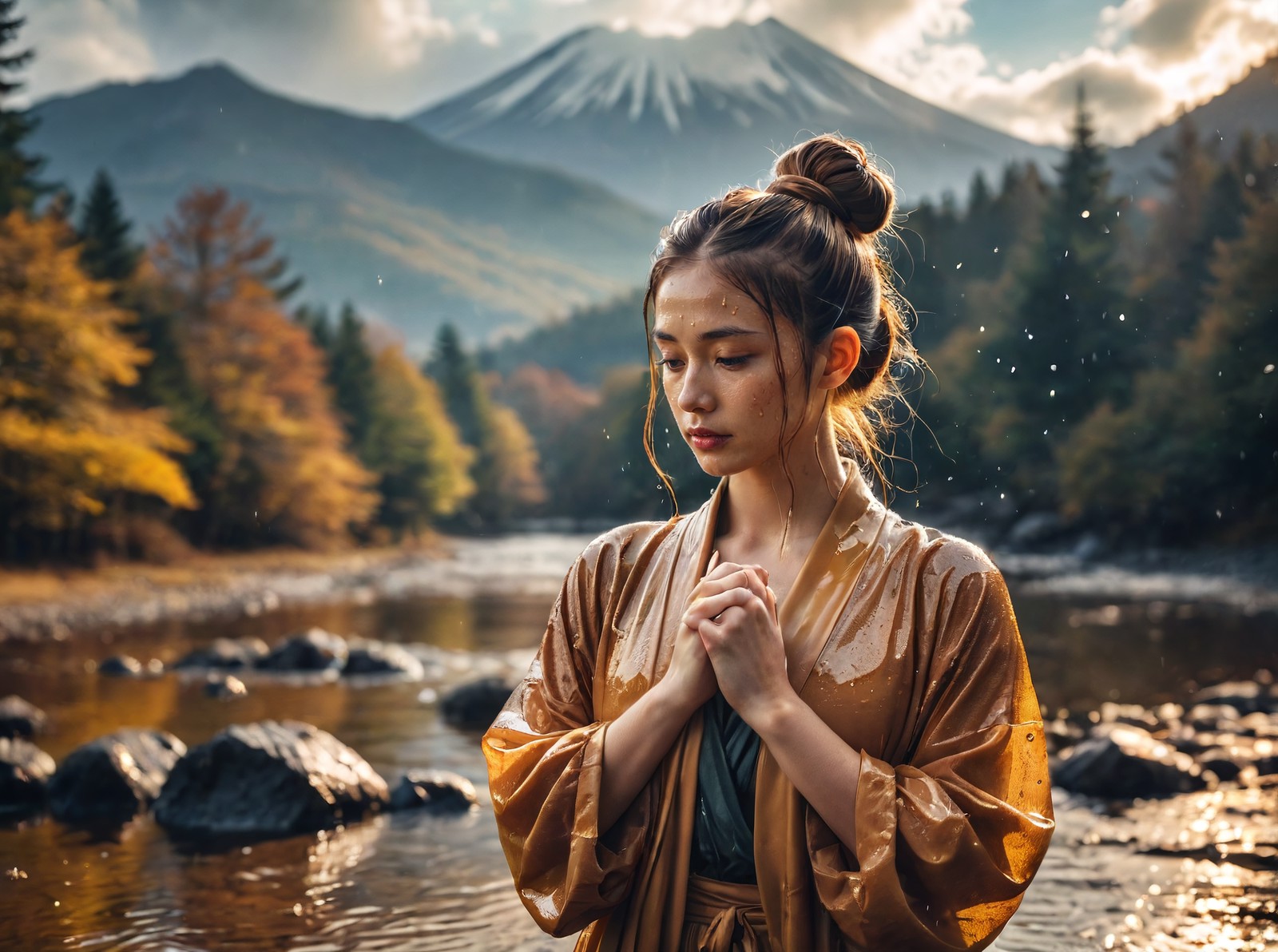 a beautiful mysterious woman drenched clothing long hair,Double Bun,Butterscotch,own hands together,Fuji Mountain,,Sony A7...