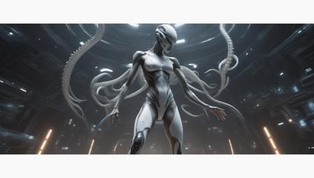 stunning view of a strong 13 year preteen tomboys xenomorph with tentacles and white scales for skin , wearing cloth bandage wraps  electronically-lit in the fashion Eve online  Warframe  Total Recall  Minority report 
Contact,   looking  over a star-ship or space ship hanger
 strong muscular  (muscle striations bodybuilder) body showing off her visible (super-flat toned defined chiseled ripped abs),  hair tattoos multicolored dyed shaved sides hairstyles, ((glowy multicolored burning eyes)) magical,
fire in the sky.  hair tattoos, inside of futuristic split level, white, space age space station orbiting a gas giant with many moons in an oval room relaxing kissing and large rounded windows /
IMAGINE THE WHOLE SCENE AS IF 1000 YEARS IN THE FUTURE doing something interesting
 ,4k, photorealism,