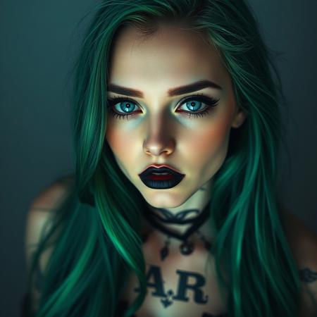 A 20-year-old woman with gothic makeup. Long silky neon green hair, big blue eyes with thin eyebrows, black lips, small upturned nose. She is the image of a seductive gothic succubus. She exudes a bewitching aura. Ultra-detailed facial details, innocent and playful, soft light glowing, soft incandescent. Staring into the distance. Grey and blue tones, misty atmosphere. Sexy and seductive playful, sexy emo outfit, revealing breasts and some neck and chest tattoos. Her detailed face surrounded by disheveled hair radiates innocence and beauty. Cinematic composition, contrast of light and shadow, adorable bold and detailed face, realistic and fantastical woman, ((full body shot of an attractive woman, view from above, large breasts, deep cleavage, sideboob, very sexy)), Detailed facial texture, ultra-detailed eye and hair details, 8K+ high resolution photos are all showcased.