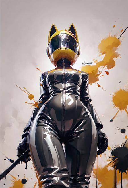 score_9, score_8_up, score_7_up, monochromemuse, ink splatter 1girl, ((celty sturluson)), shot from below, zoomed in, helmet, latex, perfect hips, yellow splatter