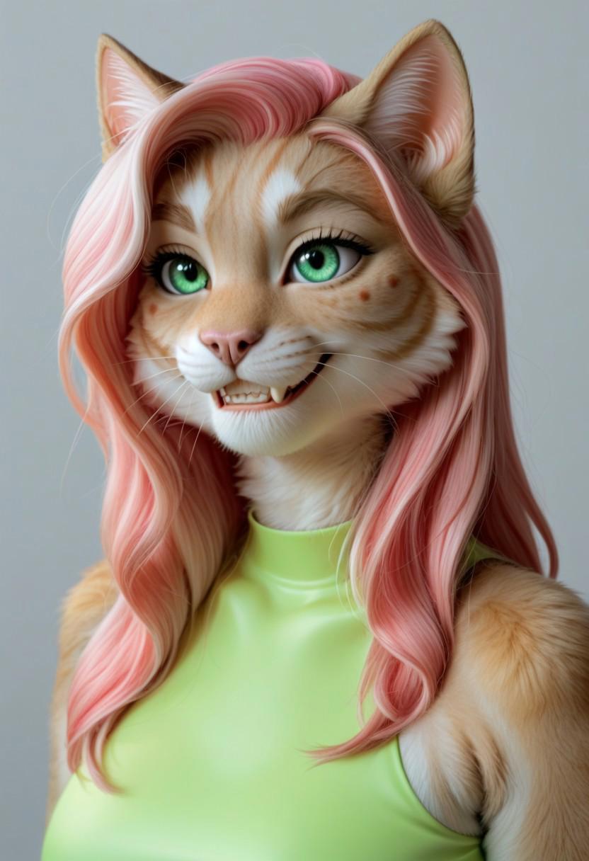 A 35mm photo of a beautiful woman, she is an anthropomorphic grey tabby cat, cat nose, cat teeth, green cat eyes, freckles, grey tabby cat fur, cat fur, grey tabby cat ears, pale pink hair, highlighter yellow satin bodysuit