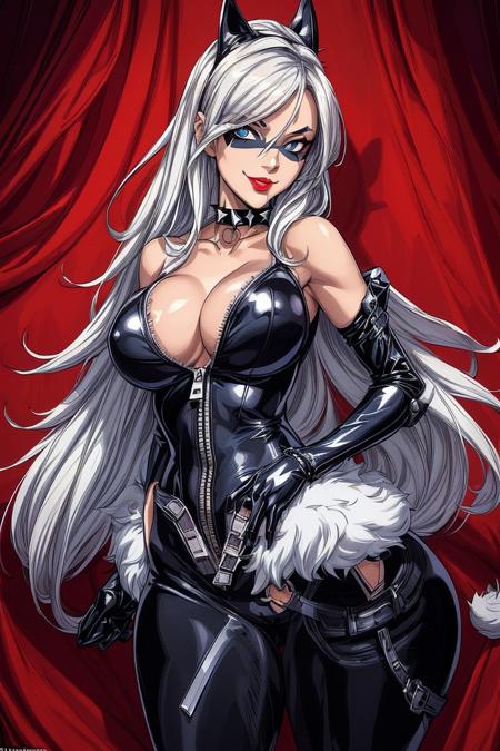 ((masterpiece:1.2, best quality:1.2, best details:1.2, 4k)),clevage,large breast,perfect body ,<lora:CARTOON_felicia_blackcat_ownwaifu:0.7> CARTOON_felicia_blackcat_ownwaifu, www.ownwaifu.com, long hair,white hair,lipstick,blue eyes,makeup,lips,large breasts,collarbone,red lips,claws,very long hair, mask,bodysuit,domino mask,gloves,choker,white gloves,collar,superhero,black bodysuit,fur trim,cleavage,skin tight,zipper,spiked collar,unzipped,jewelry,black choker,latex,shiny,center opening,on rooftop,smile,fat lips, <lora:pov_breasts_undress_v1.3:0.8> clothes pull,pulled by another, <lora:add_detail:0.5>,(detailed eyes:1.2)
 <lora:more_details:1>