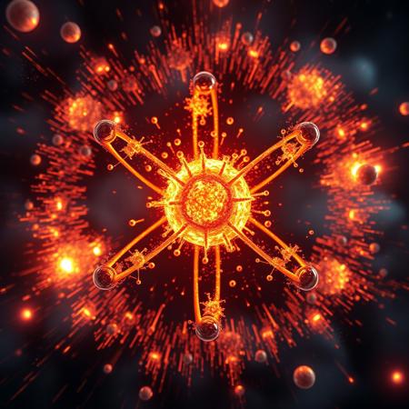 3d atoms desintegrating, electrons on orbits, nucleus, explosions, fire lights, pirticles explosions