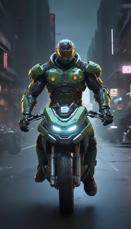 (photo portrait of (Doomguy:1.4) (riding a motorcycle, in futuristic outfit:1.2)), (Doomguy riding a motorcycle:1.1), (looking at the camera:1.1), (looking at the viewer:1.1), dramatic lighting, ((mechanical prosthetics, robot hands)), action pose, (motorcycle), BREAK, dynamic, vibrant, action-packed, detailed character design, (professional photo of Doomguy:1.2), (extremely detailed Doomguy face:1.4), (Doomguy riding a motorcycle:1.3), 1 man, cyberpunk clothing, cyberpunk, (cyberpunk background:1.2), (extremely detailed cyberpunk background:1.3), extremely detailed background, cyberpunk body modification, cyberpunk 2077 body modification, (neon city background), cyberpunk suit, robot, science fiction, solo, full body, wires and cables, sharp focus, natural lighting, cyberpunk reimagined, neon lights, action pose, colorful, bright colors, science fiction, a dystopian cyberpunk city, neon, cyberpunk 2077, (cyberpunk 2077 cityscape), art by Masamune Shirow,soft neon light, cinematic, vivid details, robotic bionic features, (masterpiece, hyperrealistic, best quality:1.2), official art, extremely detailed CG unity 8k wallpaper, detailed background, best quality, expressive eyes, perfect face, perfect eyes, perfect anatomy, extremely detailed eyes and face, looking at viewer, detailed background, detailed clothes, cinematic lighting, beautiful 8k, masterpiece, best quality, high quality, hdr, photography by cosmicwonder, high definition, symmetrical face, volumetric lighting, 24mm, 4k, DSLR, high quality, ultra realistic,