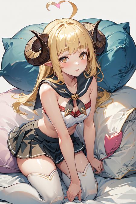 masterpiece, (detailed, highres, best quality), 1girl, <lora:spgbfAnila:1>, anilass, bare arms, cleavage, sailor collar, pleated skirt, white thighhighs, midriff, grey background, heart, heart pillow, pillow, simple background, stuffed animal, stuffed rabbit, stuffed toy