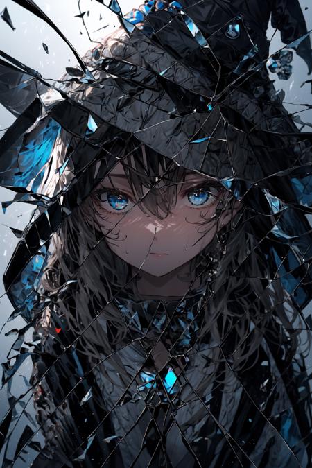 <lora:glass_crack_effects:1>1 girl,blue eyes,witch