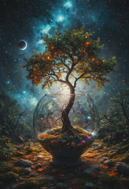 What if there was a solar system inside a large glass vase emanating the bright colors of the galaxy and a incredible tree full of stars around it came out of the vase?
Wide range of colors., Dramatic,Dynamic,Cinematic,Sharp details
Insane quality. Insane resolution. Insane details. Masterpiece. 32k resolution.
<lora:add-detail-xl:0.95> <lora:dvr-lnds-sdxl:0.3> dvr-lnds-sdxl <lora:MJ52:0.25> <lora:ral-apoctvisn-sdxl:0.3> ral-apoctvisn <lora:zavy-cntrst-sdxl:0.35> dark, chiaroscuro, low-key <lora:zavy-rmlght-sdxl:0.41> zavy-rmlght <lora:SDXLFaeTastic2400:0.225>