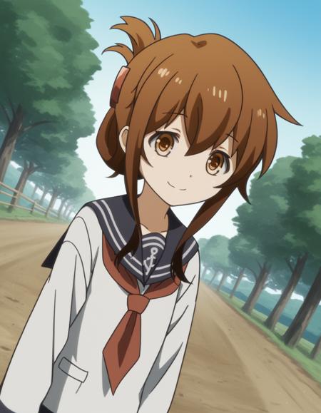 inazuma, long hair, brown hair, brown eyes, folded ponytail, inazuma (kancolle) skirt, school uniform, serafuku, neckerchief,