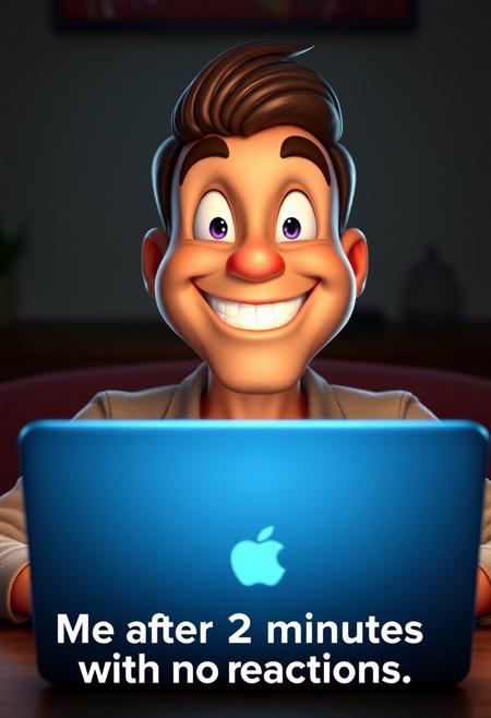 A hyper-stylistic, 3D Looney Tunes-inspired image depicts a man sitting in front of his laptop, his face radiating an extremely happy and confident expression. His eyes are shining bright, his eyebrows are raised in optimism, and his mouth is curved into a cheerful smile. He looks utterly content, with a relaxed posture and a gentle glow surrounding his entire being. Every detail of his happy features is meticulously rendered, from the subtle, uplifted corners of his mouth to the gentle, rounded shape of his eyes. The laptop screen glows with a soft, blue light, casting a warm and inviting glow on the man's calm demeanor. Under the image, a humorous phrase reads: "Me after 2 minutes with no reactions". The overall effect is one of comical, misplaced confidence, as if the man is blissfully unaware of the impending doom that is the lack of online validation. highest-Quality, intricate details, visually stunning, Masterpiece