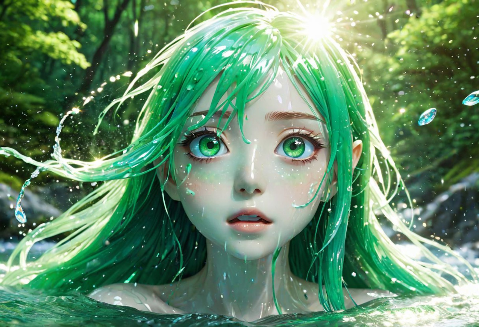 anime water spirit (anime style:1.5), long flowing green hair, iridescent skin (iridescence:1.3), playfully splashing (wat...
