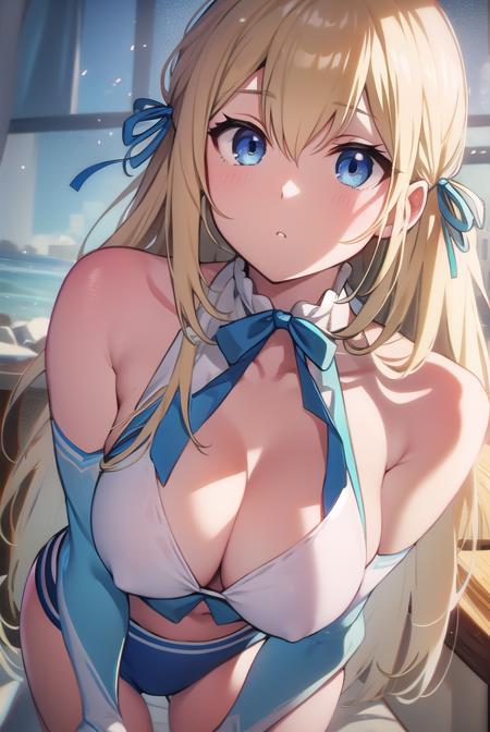 sylphy, blonde hair, blue eyes, hair ribbon, long hair, ribbon, two side up, cleavage, shorts, short shorts, blue shorts,cleavage, shorts, short shorts, blue shorts,