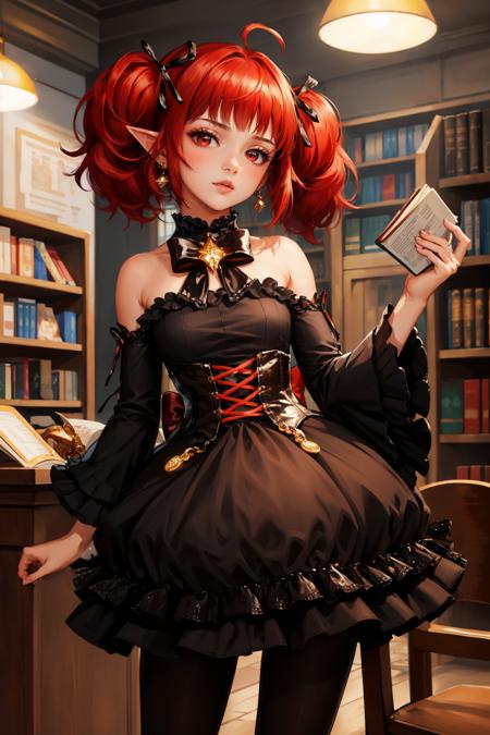 dnfEnchantress, twintails hair bow, earrings, bare shoulders, black dress, corset, detached sleeves, black pantyhose library