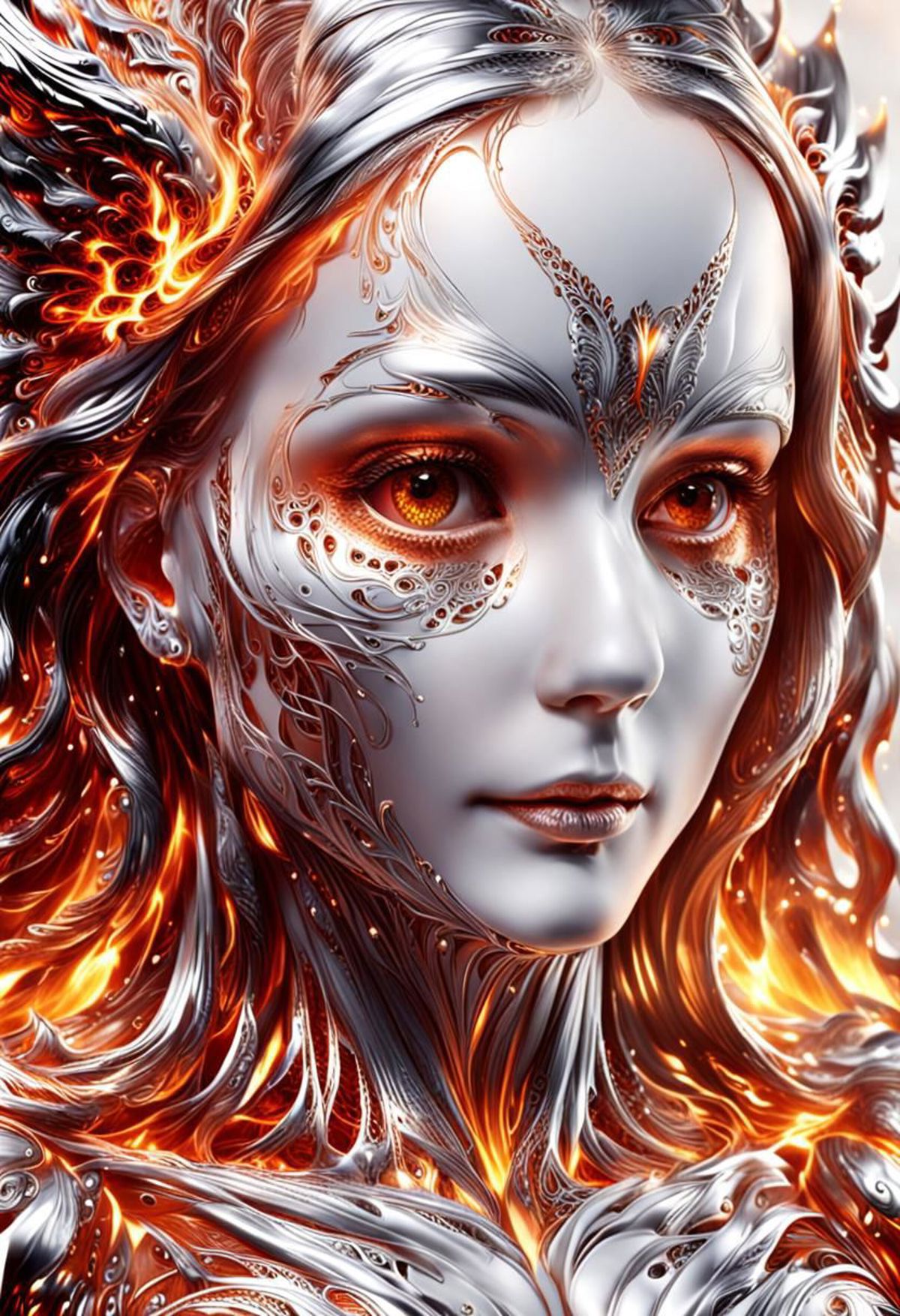 Artistic Portrait of a Woman with Glowing Eyes and a Silver and Gold Design on Her Face