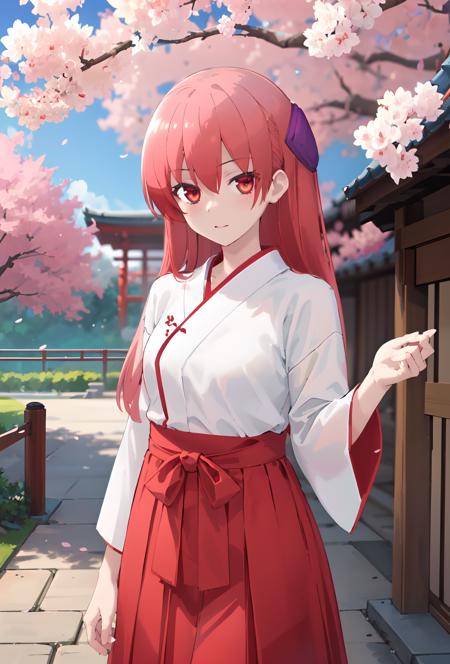 (masterpiece:1.2), (best quality:1.15), extremely detailed, perfect lighting, japanese temple background, cherry blossoms,, hakama, (red hakama skirt:1.2), (white hakama shirt:1.2), hakama ribbon, (alternate costume:1.2), tsukasa, 1girl, solo, <lora:[Anime] Tsukasa Tokinawa B:0.8>