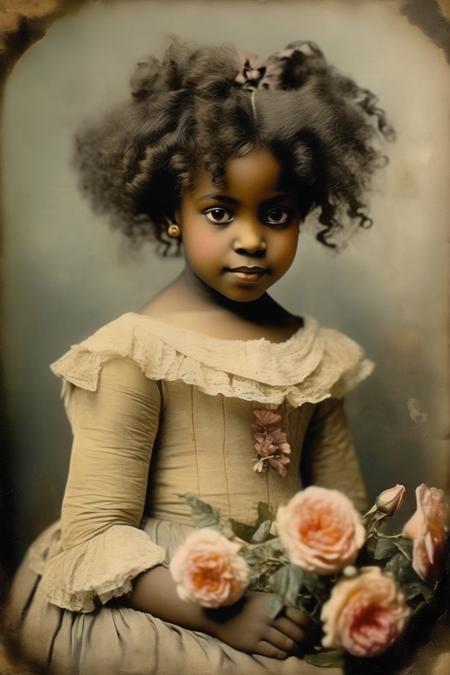 <lora:Sophie Gengembre Anderson Style:1>Sophie Gengembre Anderson Style - old Victorian hand colored styled portrait of a beautiful little black girl with rosey cheeks, smiling, looking slightly off to the side