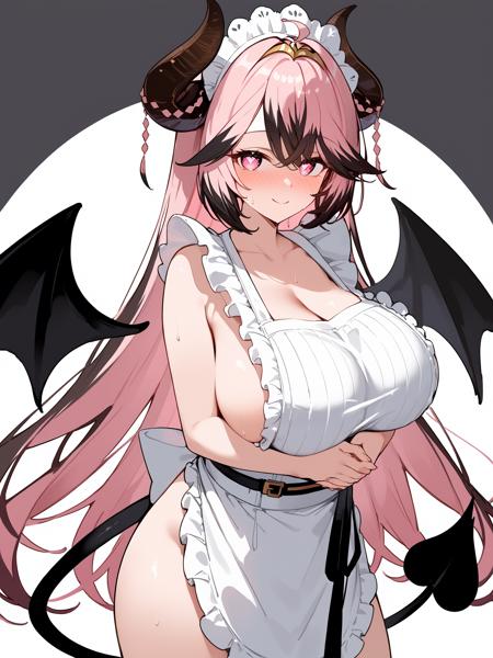 1girl,horns,solo,breasts,wings,maid,apron,ahoge,botton,large breasts,long hair,multicolored hair,pink hair,maid headdress,tiara,tail,long sleeves,black hair,puffy sleeves,black collar,blush,dress,pink eyes,maid apron,demon girl,bangs,closed mouth,bowtie,two-tone hair,frills,hair between eyes,frilled apron,purple eyes,streaked hair,standing,very long hair,back bow,corset