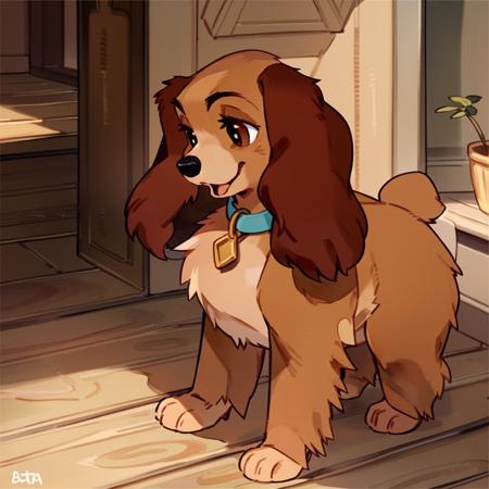 masterpiece, best quality, detailed, cocker spaniel, detailed eyes, perfect eyes, [:watercolor \(artwork\), monochrome:0.7], ((quadruped feral:1.25), (by Buta99, by Bebebebebe, by C-3Matome, by Fumiko:1.2), cocker spaniel, solo, smile, open mouth, standing, indoors, collar, animal, wooden floor, animal focus, animalization, domestic dog, lady \(ladyandthetramp\), dog ear, animal nose, dog, no humans
 <lora:Ladyv1.1:1>