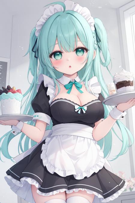 1girl,breasts,solo,green eyes,apron,maid headdress,maid,cleavage,long hair,short sleeves,tray,aqua hair,looking at viewer,puffy short sleeves,holding,white apron,bangs,blush,wrist cuffs,holding tray,black dress,white thighhighs,ahoge,medium breasts,parted lips,large breasts,one side up,detached collar,braid,:o,food,ribbon,