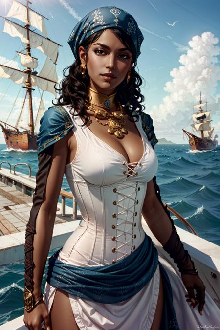 IsabellaDA, 1girl, dark skin, bandana, jewelry, breasts, solo, dark-skinned female, necklace, cleavage, brown eyes, earrings, watercraft, curly hair, corset, black hair, day, very dark skin, lips, medium breasts, outdoors, ocean, water, sky, ship
<lora:epi_noiseoffset2:1>,   <lora:IsabellaDA:0.7>