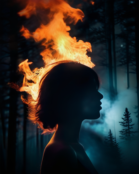 forest fire dreamscape in your mind, Double exposure effect of white lady body portrait silhouette, superimposed against burning forest night sky by Conrad Roset, Brandon Kidwell, Andreas Lie, Dan Mountford, Agnes Cecile, Jeremy Mann, oil and ink canvas, fine art, super dramatic light, photoillustration, amazing depth,  burning particles, hyperdetailed, iridescent blue fire, intricate detailed, amazing depth, hypervibrant, stunning atmosphere, mesmerizing whimsical vibrant scenery, hypermaximalism (Beautiful Outside, Ugly Inside, Stress and Pain, Beauty and Despair, Hard and Soft, Positive and Negative, Hot and Cold, Sweet and Sour, Vibrant and Dull, Perfect Harmony, Light and Dark, Hot and Cold, Old and Young, Fire and Ice, Yin and Yang, Opposites, Black and white, Smoke and Steam,Hot and Cold, Organic and Mechanical, Corresponding colors, Loud and Quiet, Chaos and Peace,  Night and Day:1.2) complex masterwork by head of prompt engineering
