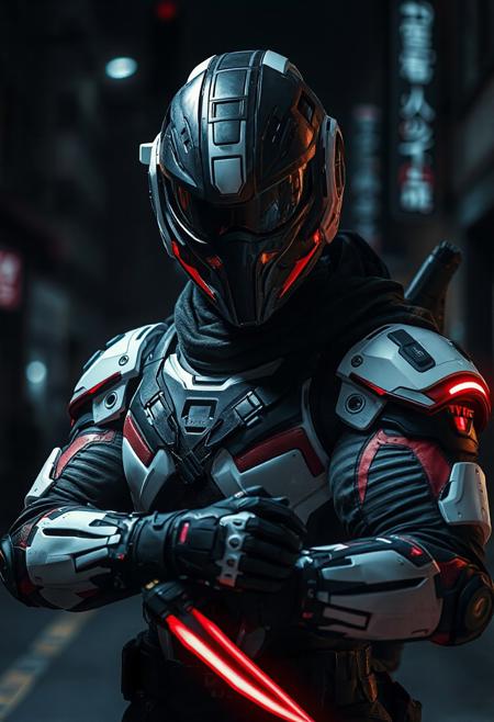 Space Ninja, futuristic, cybernetic sleek armor, high-tech helmet with visor, muscular, black, red, white, color palette, dark city street, night, high-tech laser/steel blades on forearms, combat stance, intricate, menacing, powerful, cybernetic aesthetic, high quality, UltraHD