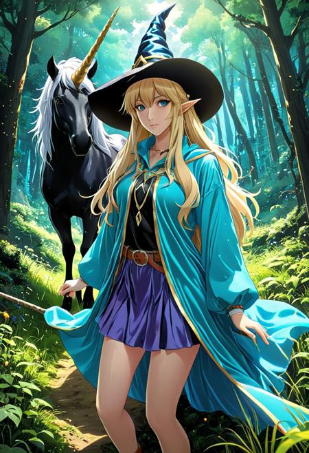 A masterpiece anime drawing image of a dark fantasy forest with a black unicorn, unicorn
BREAK
Mid shot anime of a witch 1girl with long blonde hair, blue and turquoise silk cut shirt, skirt, wizard robe, wide witch hat, shot from the front above, looking at the camera, embellished expression, petting a black unicorn, expressive, detailed eyes iris
BREAK
AMAZINGLY DETAILED anime, comic, ultra detailed, aesthetic high resolution, high quality, Legend of Zelda style, Ghibli style, anime, Cowboy bebop style