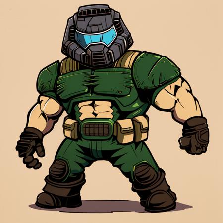 doomguy, full body, solo, (chibi:1.35), illustration, 2d,  simple background
 <lora:doomguy-15:1>