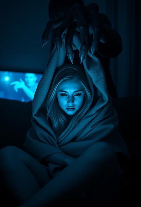 "Create a hyper-realistic image of a young woman sitting on a couch, wrapped in a blanket like a makeshift tent, her eyes fixed on something in front of her with a look of terror. The only light source in the room is the glow from a TV, casting an eerie blue light on the woman's face. Behind the couch, a dark, malevolent entity looms, its presence seeming to fill the room. A twisted, claw-like hand reaches out from the darkness, hovering just above the woman's shoulder, as if ready to snatch her at any moment. The woman's eyes are wide with fear, her face frozen in terror, unable to move or escape the entity's grasp." Octane render, Highest-Quality, 8 k, intricate details, visually stunning, Masterpiece