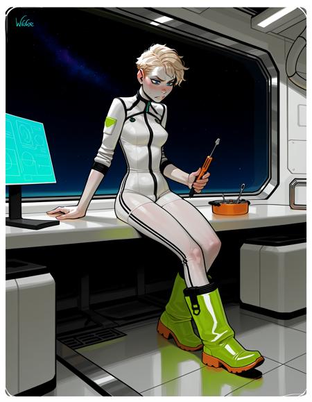 IllustriousQual, detailed face,
very tall woman, solo, very short blonde hair, pixie cut, blue eyes, pale skin, small breasts, very long legs,
frustrated expression,
on a space station, in the engineering spaces, wearing a baggy green full-length coverall, wearing chunky boots, sitting at a workbench, (using a screwdriver:1.3,)
<lora:incaseIllustrious:0.8> incase style,