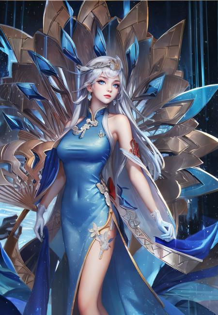 1girl, bare shoulders, blue dress, blue eyes, breasts, dress, formal, gloves, long hair, pants, a woman in a blue Ao Dai, Fan Qi, splash art, a detailed painting, symbolism, (masterpiece, best quality:1.5), <lora:YueLittlePrincess-01:1>