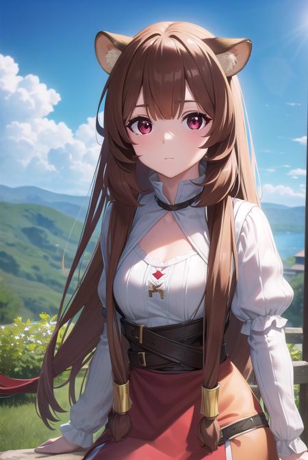 raphtalia, <lora:raphtalia-lora-nochekaiser:1>,
raphtalia, animal ears, brown hair, long hair, raccoon ears, raccoon girl, raccoon tail, (red eyes:1.5), tail,
BREAK arm garter, belt, brown belt, brown dress, dress, juliet sleeves, long sleeves, puffy sleeves, short dress,
BREAK looking at viewer,
BREAK outdoors, forest, nature, sun, sky, (cowboy shot:1.5),
BREAK <lyco:GoodHands-beta2:1>, (masterpiece:1.2), best quality, high resolution, unity 8k wallpaper, (illustration:0.8), (beautiful detailed eyes:1.6), extremely detailed face, perfect lighting, extremely detailed CG, (perfect hands, perfect anatomy),