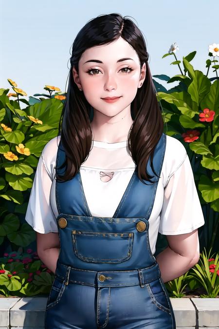 <lora:hhy-000006:.8>,garden as background,portrait,upper body,jeans overall mit,black hair,long hair,brown eyes,standing,smile,looking at viewer,1girl,