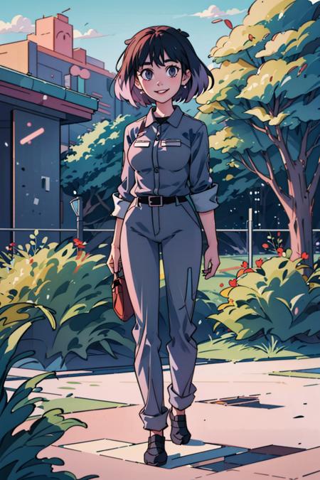 (masterpiece:1.4), (best qualit:1.4), (high resolution:1.4), kaisa, boiler suit, black shoes, nameplate, smile, outdoors, grasslands, looking at viewer <lora:kaisa_v1:1>