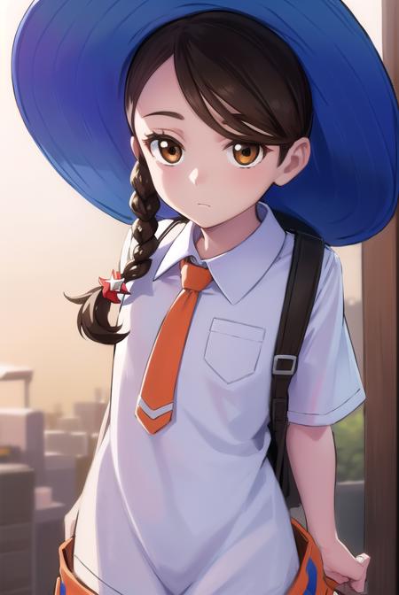 pokemonjuliana, <lora:pokemonjuliana-lora-nochekaiser:1>,
pokemonjuliana, braid, (brown eyes:1.5), brown hair, hair ornament, hairclip, side braid, single braid, swept bangs,
BREAK backpack, bag, black footwear, blue headwear, blue shirt, breast pocket, collared shirt, hat, kneehighs, naranja academy school uniform, necktie, orange necktie, orange shorts, pocket, school uniform, shirt, shoes, short sleeves, shorts, socks, striped, striped shorts, sun hat, white socks
BREAK looking at viewer, full body, (cowboy shot:1.5),
BREAK outdoors,,
BREAK <lyco:GoodHands-beta2:1>, (masterpiece:1.2), best quality, high resolution, unity 8k wallpaper, (illustration:0.8), (beautiful detailed eyes:1.6), extremely detailed face, perfect lighting, extremely detailed CG, (perfect hands, perfect anatomy),