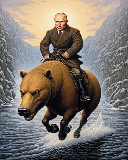 <lora:FF-Style-Rafal-Olbinski.LORA:1.4><lora:DiTerlizziArtAIcc:0.45> art by Tony DiTerlizzi, diterlizziartai, art by Rafal Olbinski, (bare-chested:1.4) Vladimir Putin riding a bear bareback in Siberia, bridle, ford a river, hyper-detailed, epic composition, evening, rim light, fog, volumetric light, golden hour light  <lora:!action-sdxl-V0.5:1>