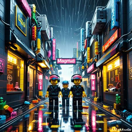 a cyberpunk alley recreated from dark LEGO blocks, neon signage clipped from fluorescent plates, rain simulated with clear rods, minifigs wearing visor helmets and cyber limbs, glowing puddles reflecting blocky silhouettes, LEGO