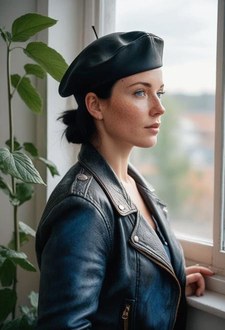 Stunning analogue photo of a beautiful 38 years old Dutch woman, sideview, shirt, jeans, leather jacket, baret, perfect face, absolute beauty, sexy pose, natural raven black hair, blue eyes, freckles, freckles and moles all over body, realistic freckles, detailed skin texture, textured skin, hyperdetailed face, absolute perfect tits, big tits, soft natural tits, standing at window of her cozy living room, she looks at viewer, she is so in love with viewer, vintage style living room, loots of plants, early morning, soft natural early morning light, ultra realistic, extremely detailed