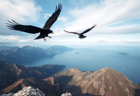 two blacks crows chasing an eagle high above a mountain-lined strait of water between two seas