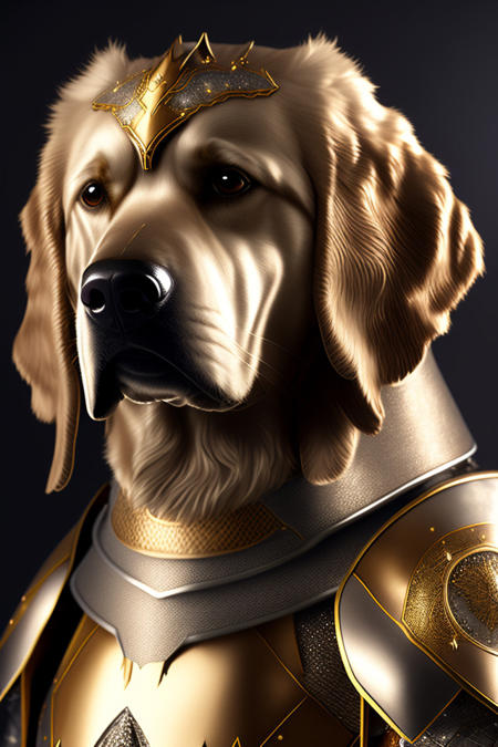 golden retriever knight portrait, finely detailed armor, intricate design, silver, silk, cinematic lighting, 4k