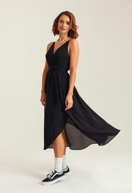An artistic photo of a 35-year-old woman prepared for a glamorous dinner party. Her knee-length evening dress flows gracefully, adorned with fine jewelry. She poses like a supermodel, exuding sophistication. She wears black canvas Vans Authentic sneakers and thick white socks, contrasting her formal attire in an intriguing way.