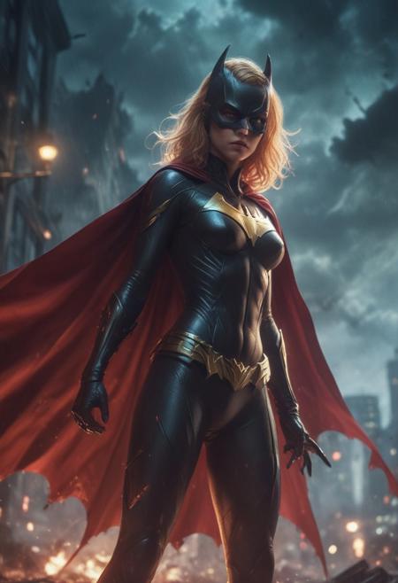 High resolution ultra-realistic of beautiful realistic Batgirl fighting against alien invasion, cinematic style, standing on a bloody and stormy battlefield in a fighting pose, bloody massacre, realistic modern combat costume, black mask, red cape, perfect athletic figure, wavy blonde hair, handsome dirty bloody face, beautiful perfect detailed pupils, wet oily shiny skin,covered in dirt and blood, beautiful firm Breasts, defiant and seductive, sexy 20 year old girl, 8k resolution concept art portrait by Greg Rutkowski, Dark Gotham City, Artgerm, WLOP, Alphonse Mucha, dynamic lighting, hyperdetailed, intricately detailed, Splash art trending on Artstation triadic colors, Unreal Engine, 5 volumetric lighting, Cinematic Lighting, intricate, smooth, sharp focus digital painting, Asymmetrical Balance, painting, dynamic lighting