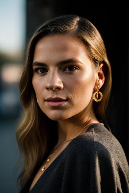 Realistic photo of a beautiful h4yl3y4-v1 woman,  1girl, solo, long hair, looking at viewer, (((blonde hair))), jewelry, earrings, parted lips, lips, border, portrait, realistic, black border, soft lighting, professional Photography, Photorealistic, detailed, RAW, analog, sharp focus, 8k, HD, DSLR, high quality, Fujifilm XT3, film grain, award winning, masterpiece<lora:h4yl3y4-v1:1.0>