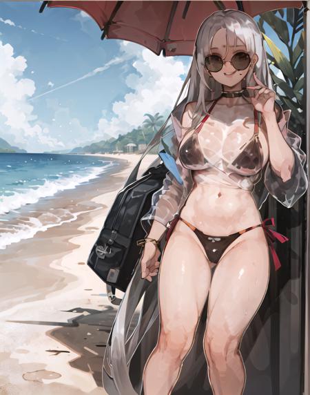 1girl, bikini, glasses, beach, see-through shirt, see-through skirt, sunglasses, very long hair, white hair, large breasts,