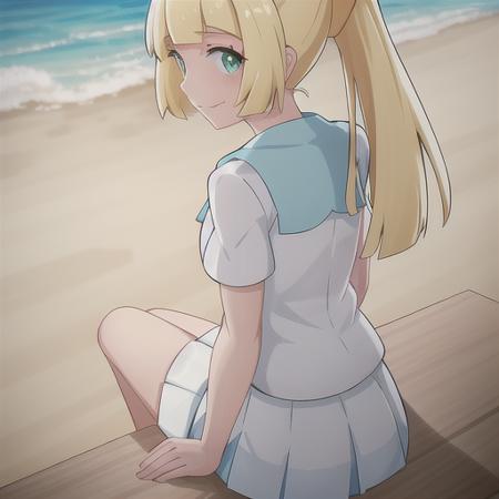 <lora:character_pokemon_lillie_v1:0.5> beach, 1girl, character_pokemon_lillie, solo, sitting, on ground, arm support, from behind, from above, looking at viewer, looking back, smile, ponytail, shirt, skirt