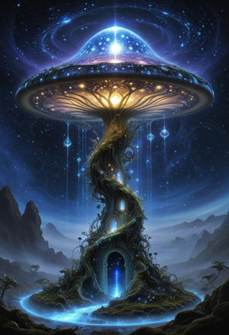 A colossal living mushroom structure on a remote alien world, standing as both a sacred relic and an active interdimensional gateway. Its petrified stem rises from the cracked crystalline ground, pulsing with glowing veins of bioluminescent energy that resemble both organic capillaries and arcane circuitry. The massive cap is semi-transparent, filled with swirling mist and shifting holographic constellations. In its center, a portal hums with power — a vortex of liquid light and floating runes spiraling into unknown dimensions. Strange flora grows around the base — vines with embedded microchips, glowing spores that form temporary glyphs in the air, and moss that reacts to presence by lighting up in rhythmic pulses. The sky above is dark violet, pierced by distant stars and a fractured ringed planet hovering ominously. Ethereal echoes of ancient voices whisper through the air, suggesting this place was once used by a civilization that merged magic, biology, and cosmic technology. Ultra-detailed digital painting style, cinematic lighting, rich textures.