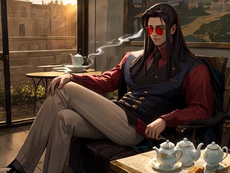 highres,masterpiece,best quality,1boy,<lora:ShadowverseIceschillendrigV3:0.75>,vest,formal,jacket,tie,sitting across table,afternoon,wearing red sun glasses,smoking cigarette,Western style courtyard,grass,Marble table,tablecloth,afternoon tea,deserts,black tea,gold-trimmed ceramic teacups,gold-timmed teapot,silverware,looking at viewer,legs crossed