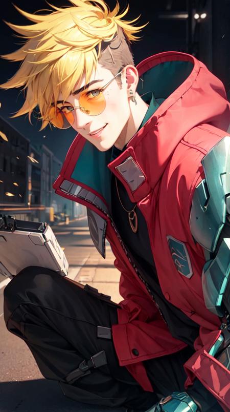 vash the stampede, 1boy, (left mechanical arms:1.2), red coat, round eyewear, shy, smile,sad, tears,
intense angle, foreshortening,
(extremely detailed CG unity 8k wallpaper, masterpiece, best quality, ultra-detailed, best shadow, volumetric lighting), (beautiful detailed face, beautiful detailed eyes), High contrast, high saturation, (best illumination, an extremely delicate and beautiful),
mksks style, beautiful background, a rebellion against aI overlords, landscape in black and white