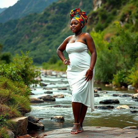 full body shot chubby wide hips African woman dark skin colorful head wrap white body con dress gold anklets barefoot by  a mountain stream