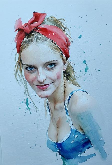 Facial expression style, (watercolor:1.2), LeRoy Neiman, ((clever pirate)) (Lebanese:1.2) female (cute:1.4), (sagging empty uneven breasts:0.7),