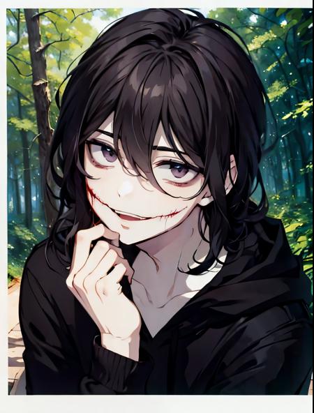 jeff, 1boy, hoodie, smile, blood on face, open mouth, long sleeves, hair between eyes, black hair, medium hair, scar in mouth, male focus, pale skin, blood from mouth